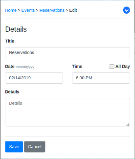 Screenshot of the event edit form. There are fields for the event's title, date, time, whether it's an all-day event, and additional details.