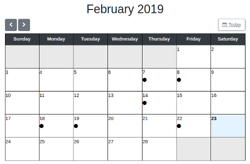 Screenshot of the monthly calendar view. All days in the month are shown with an indicator for the days that an event is scheduled.