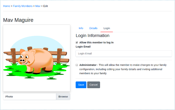 The edit family member screen showing the Login tab which will allow the family member to log into the application and interact with the family information.
