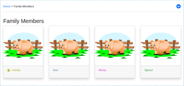 The family member home screen showing the members of the family with their names and photos.