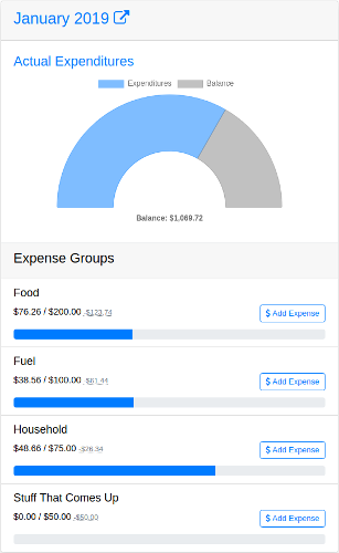 A colorful graph showing the how much of the family's total income has been appropriated for the current month; also showing a listing of expense groups with a display of their individual appropriation progress with buttons for quickly adding expenses to each group.