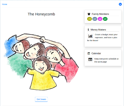 The family home screen showing the family photo and the family's name